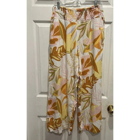 Tahari Smocked Tropical Linen Blend Wide Leg Pull On Pants Womens Size Large - Picture 1 of 9